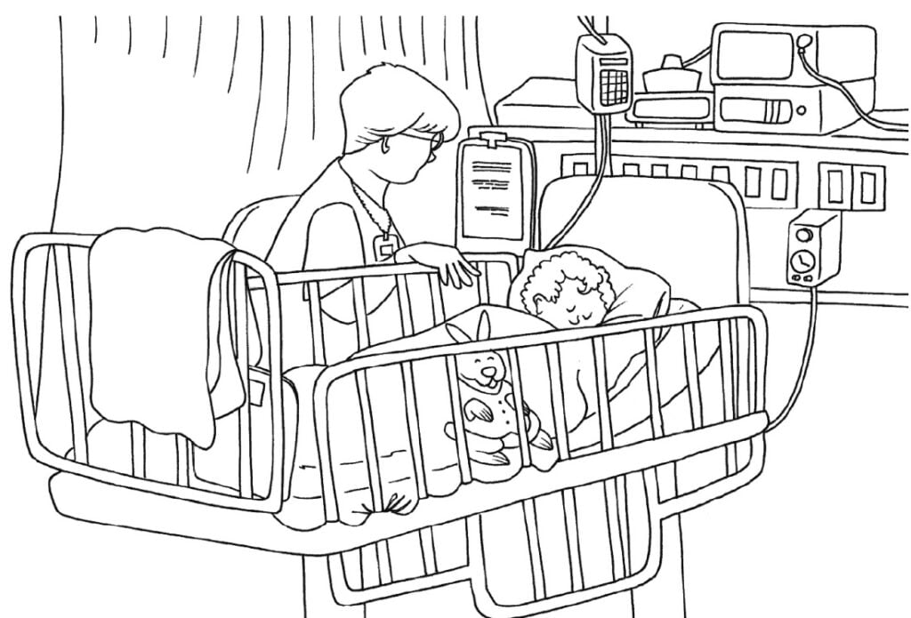 طفل في المستشفى للتلوين. مستشفى الاطفال.