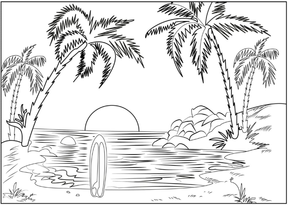 Jūra, saulė, palmės, horizontas spalvinti
