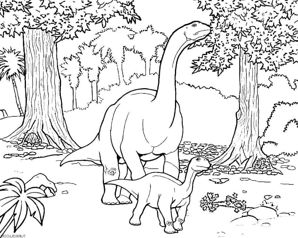 Faqja e ngjyrosjes së dinosaurëve në pyll