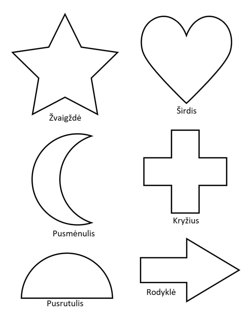 Figūros: Žvaigždė, širdis, pusmėnulis, kryžius, pusrutulis, rodyklė
