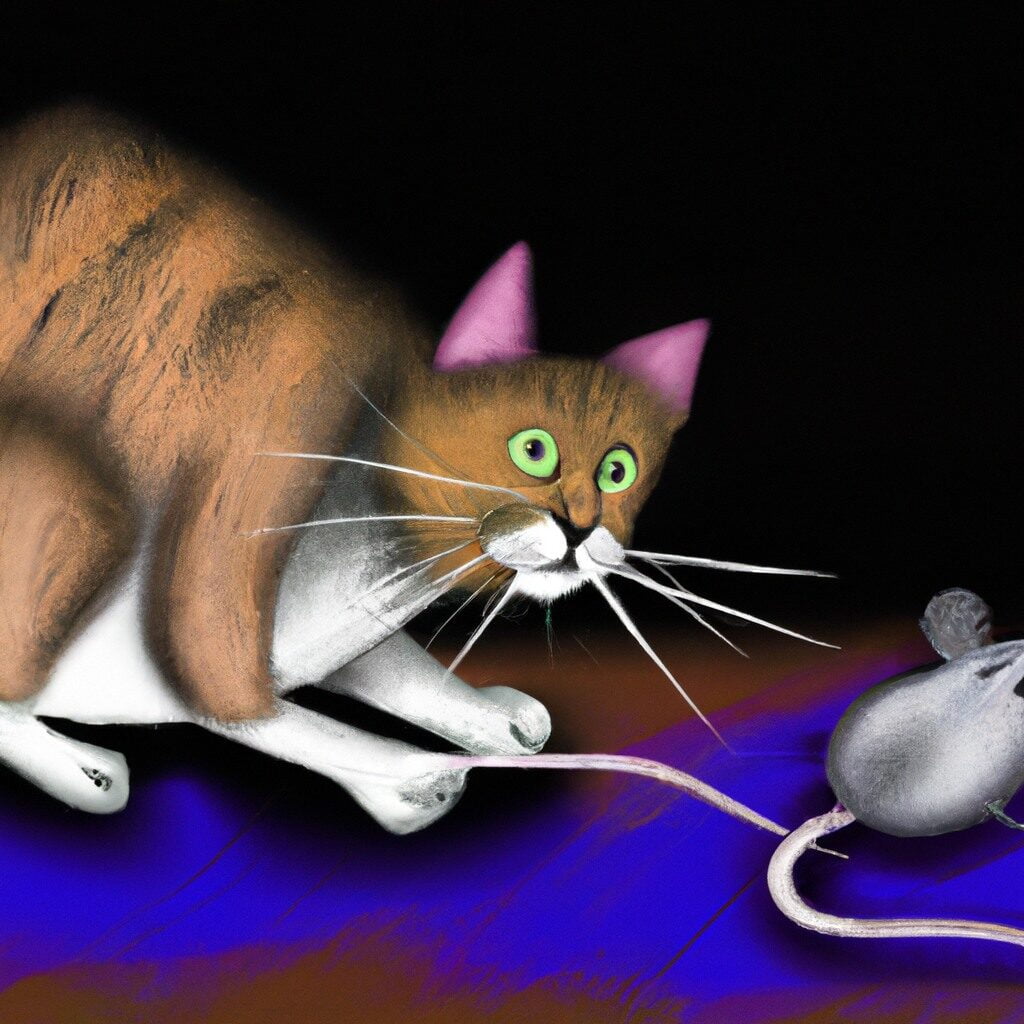 Kočka chytá myš, akvarel