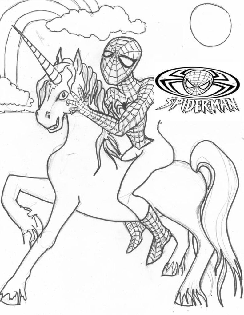 Spiderman sobre un unicornio