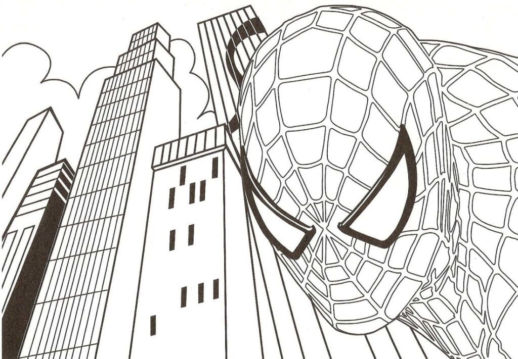 Spider-man in die stad kleurbladsy