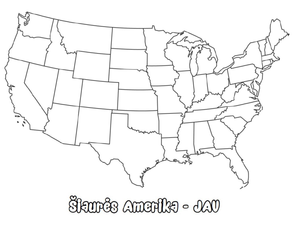 JAV Jungtinių Amerikos valstijų žemėlapis spalvinti