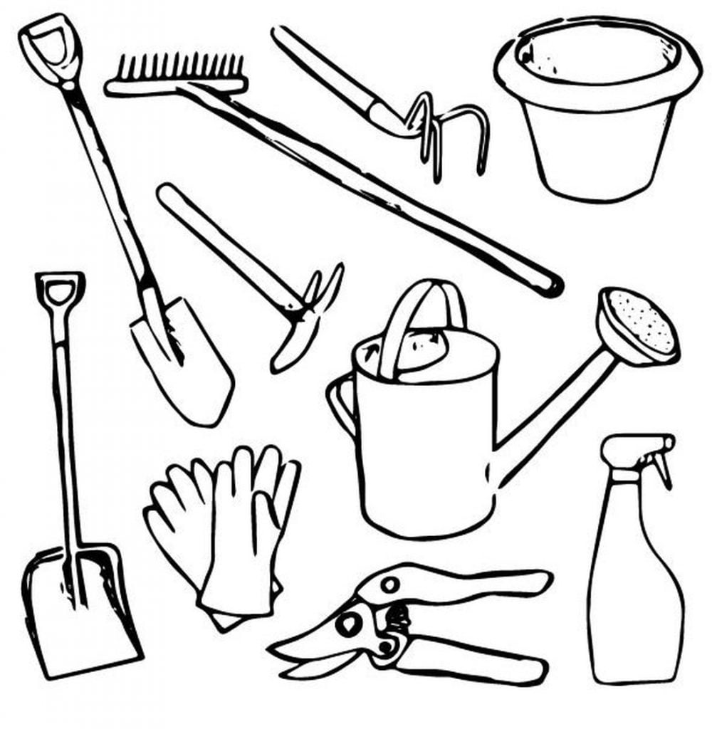 Puutarhurin työkalut värilliset, puru, hanskat, kastelukannu, kuokka, harava, ämpäri.