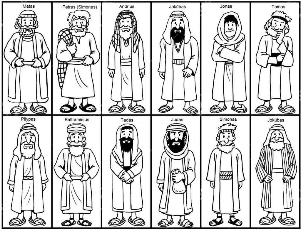 12 apaštalų piešinys spalvinti: Matas, Petras (Simonas), Andrius, Jokūbas, Jonas, Tomas, Pilypas, Baltramiejus, Tadas, Judas, Simonas.