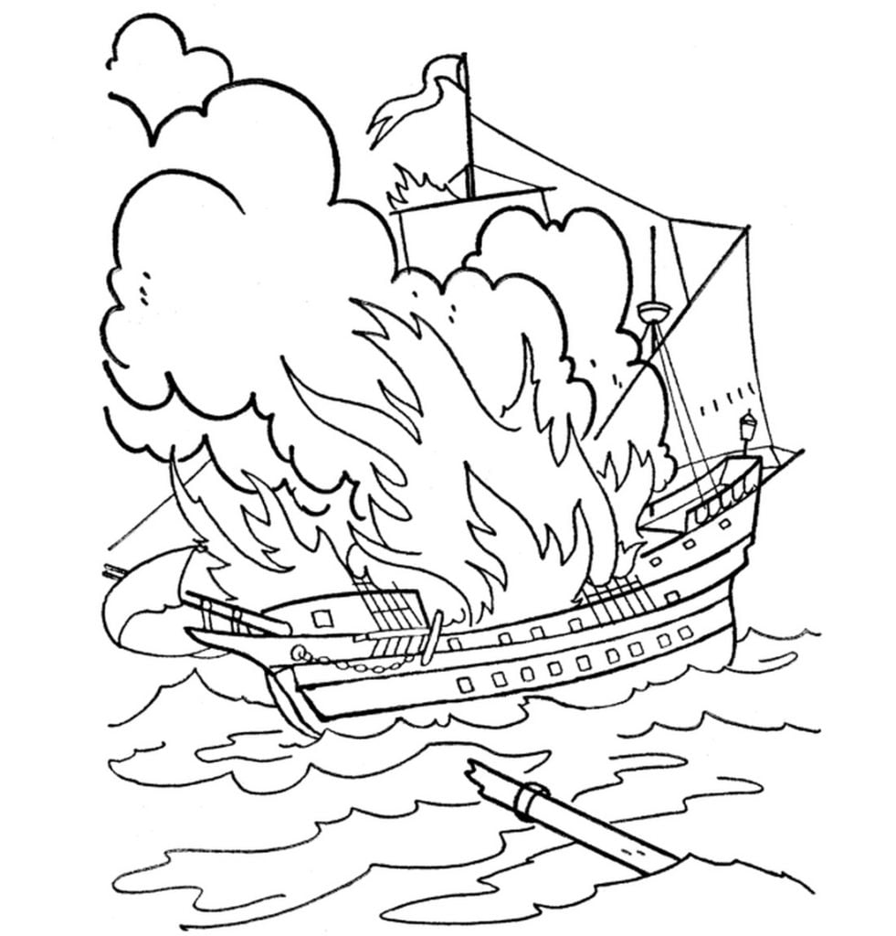 Płonący drewniany statek do kolorowania