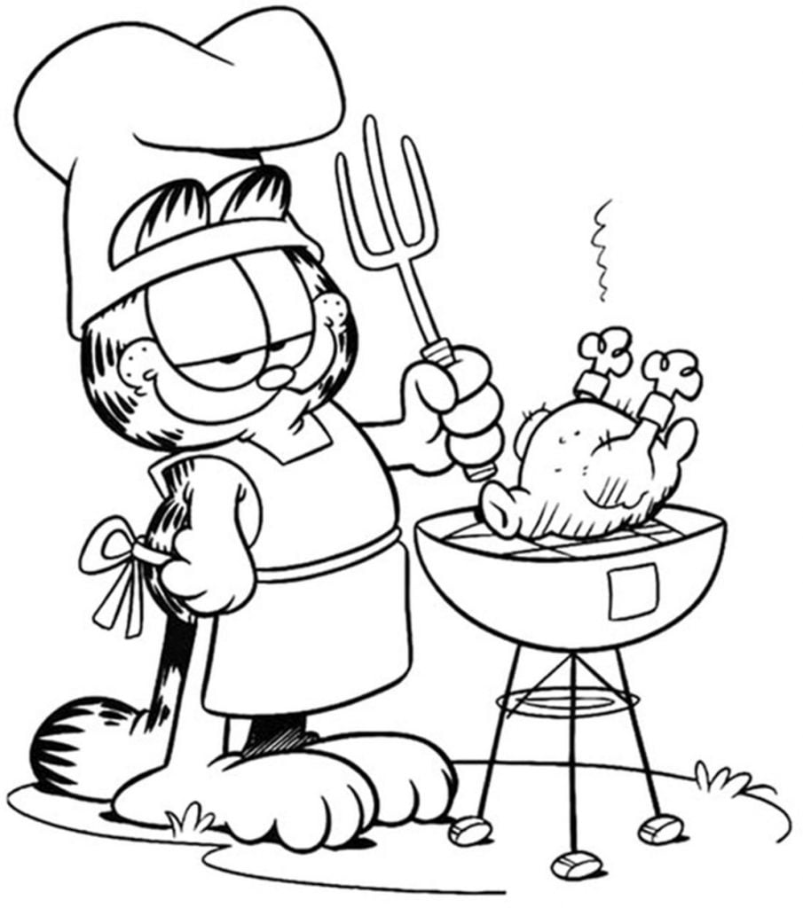 Garfield está asando un pollo para colorear