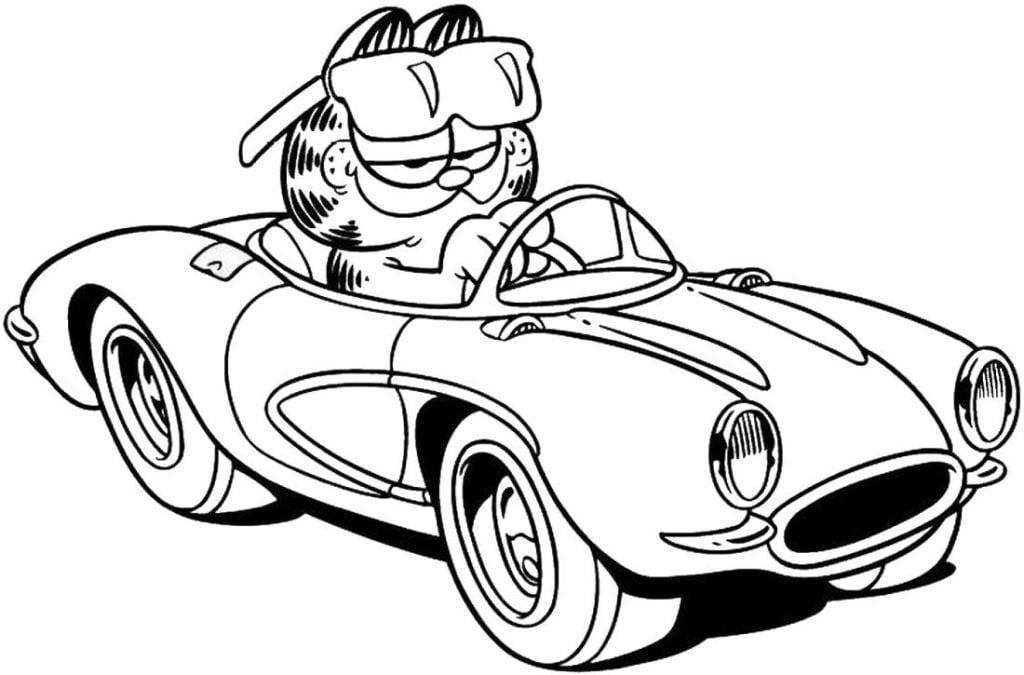 Garfield conduce un coche para colorear.