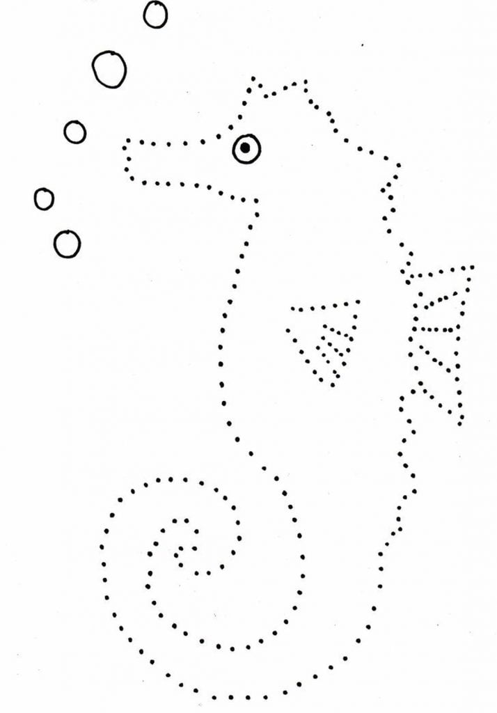 Jūrrų arkliukas apvesk linijas vaikams paveiksliukas
