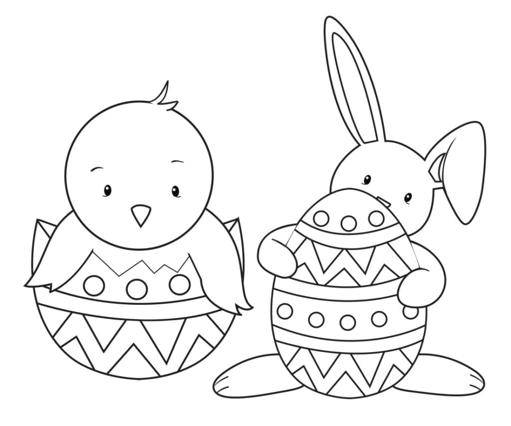 Великдень: зайчик і курча для розмальовки