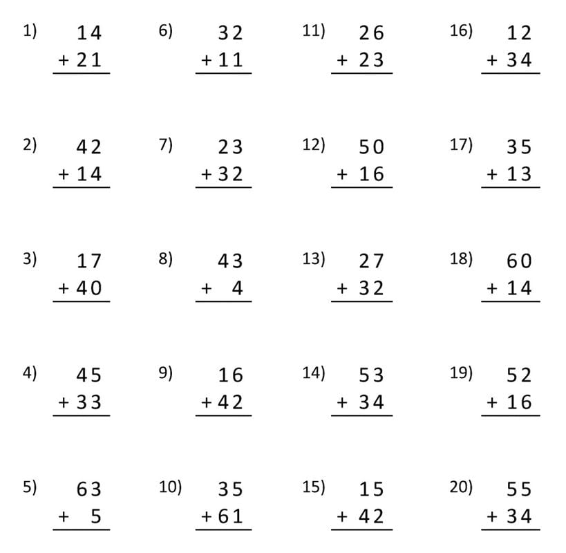 Composizione matematica in colonne per alunni di terza elementare.