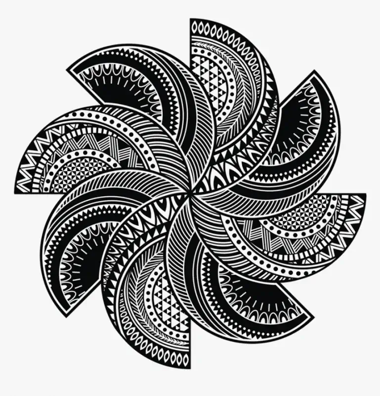Dinamiškas sūkurys tatuiruotės mandala spalvinimui