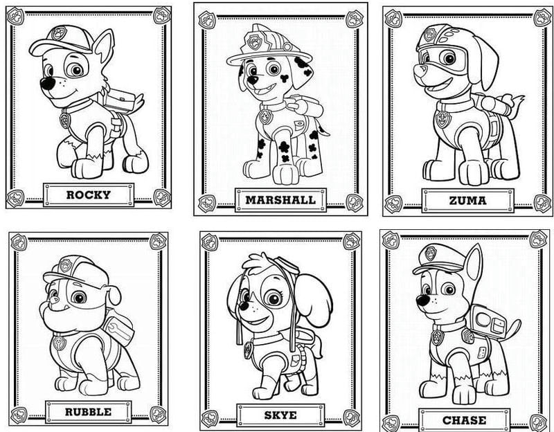 Nombres de cachorros: Rocky, Marshall, Zuma, Rubble, Skye, Chase para colorear