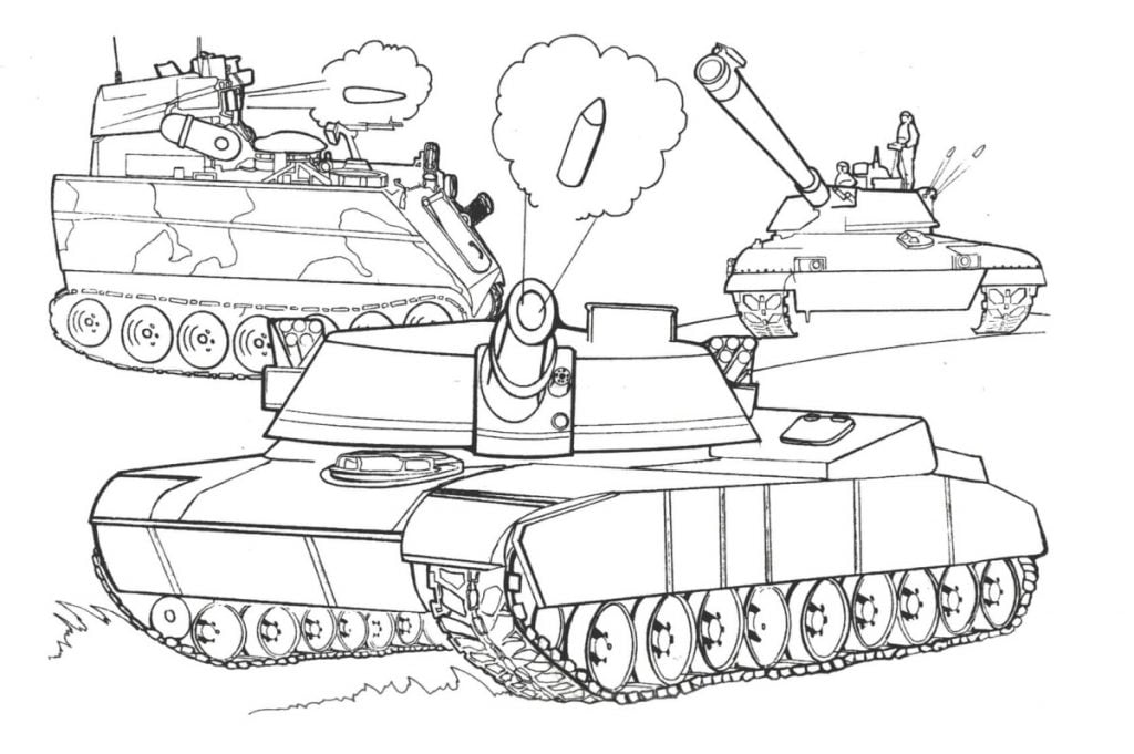 Dibujo de tres tanques para colorear para niños.