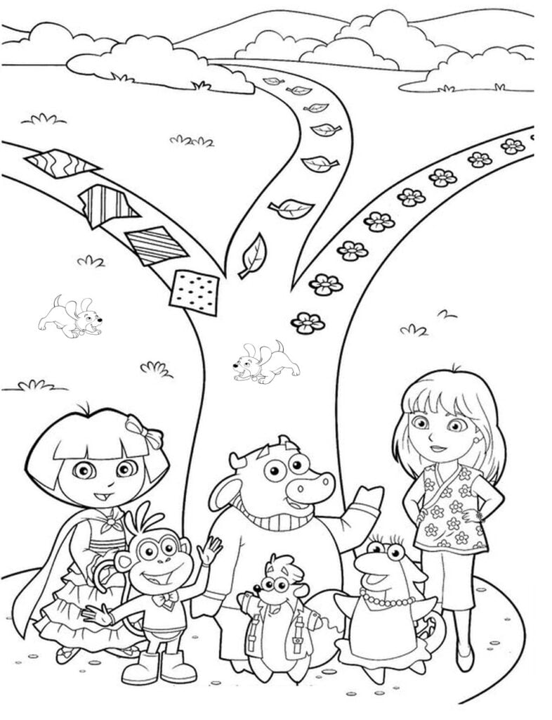Dora med venner til farvelægning