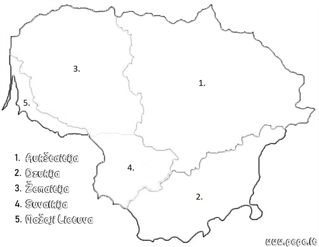 Etnografické okresy Litvy, mapa je určená na vyfarbenie