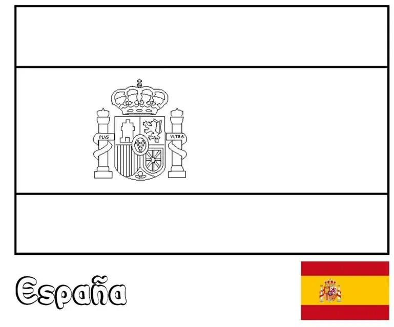 Ispanijos Karalystės vėliava su herbu piešinys spalvinti