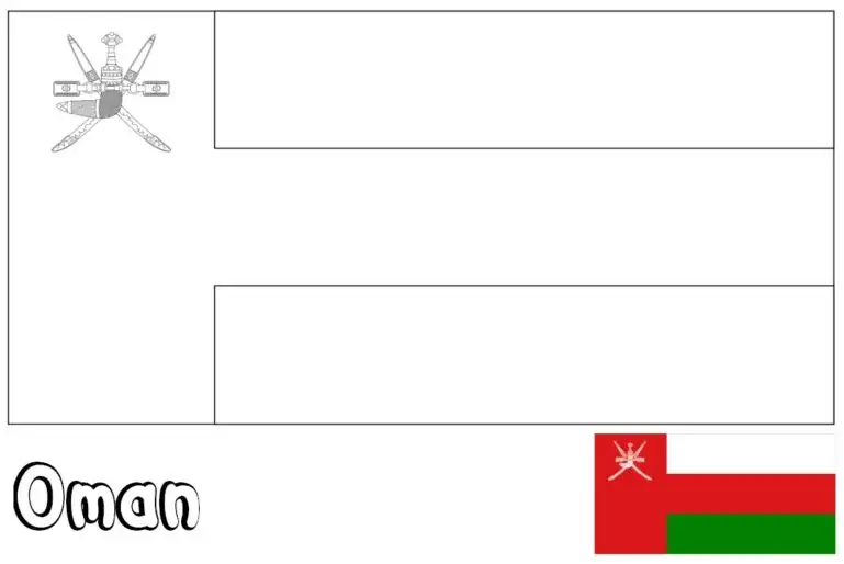 Omano vėliava su kandžaro durklu ir kardais spalvinimui