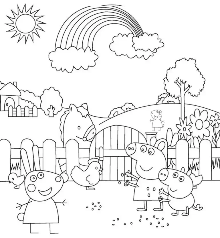 마당에서 친구들과 Peppa pig, 색칠공부