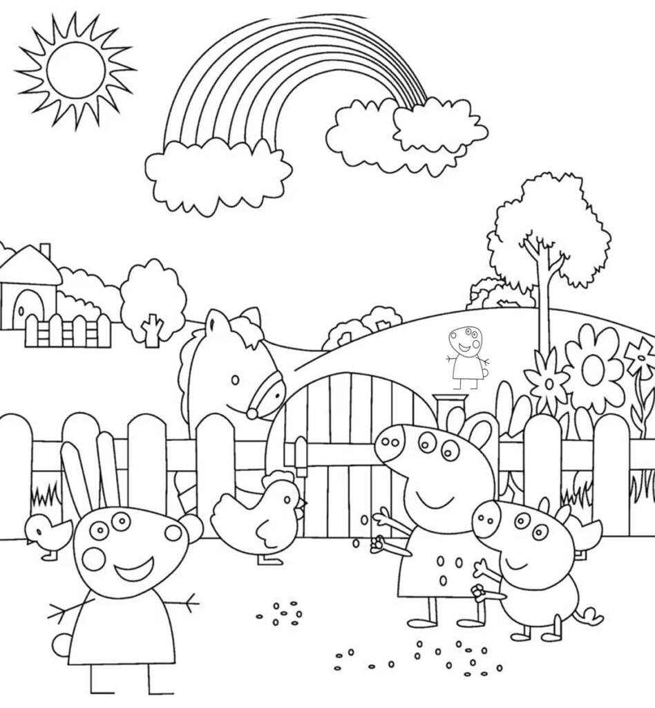 Peppa pig bersama teman di halaman, menggambar untuk mewarnai