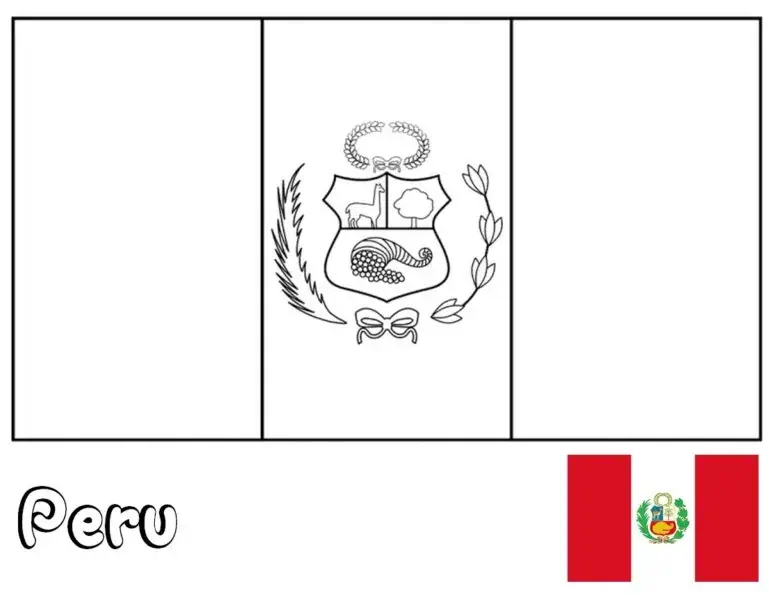 Peru vėliava su herbu ir lamomis piešinys spalvinti