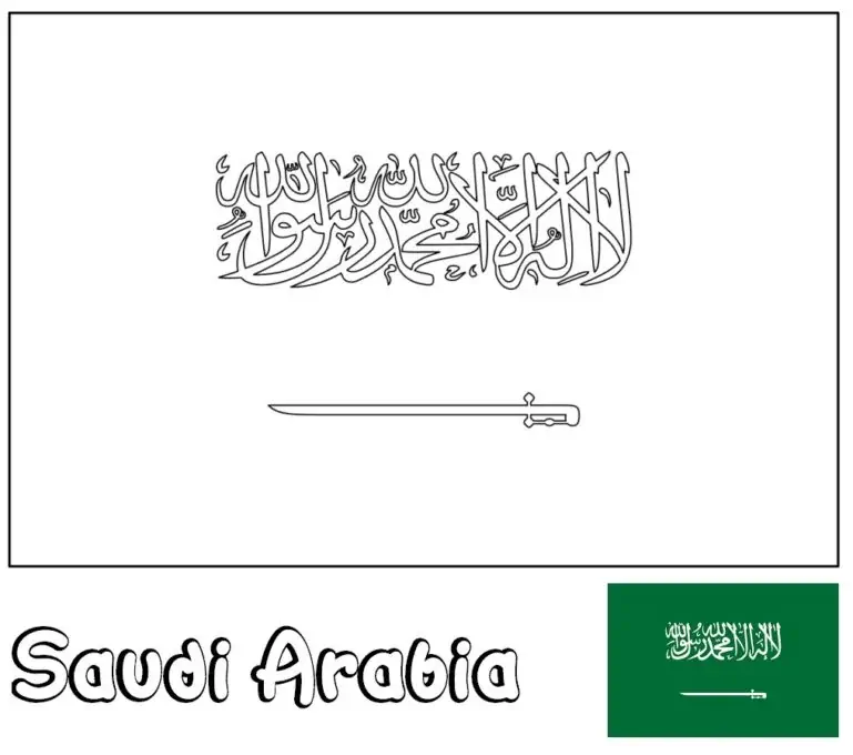 Saudo Arabijos vėliava su kardu ir kaligrafija spalvinti
