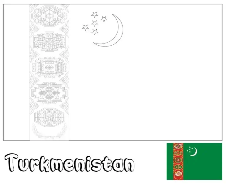 Turkmėnistano vėliava su kilimų ornamentais ir mėnuliu