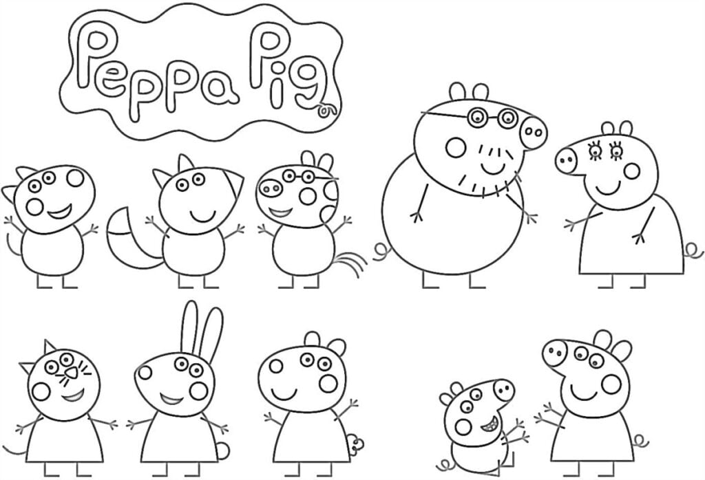 Peppa Pigning do'stlari haqida bolalar uchun rang berish rasmi