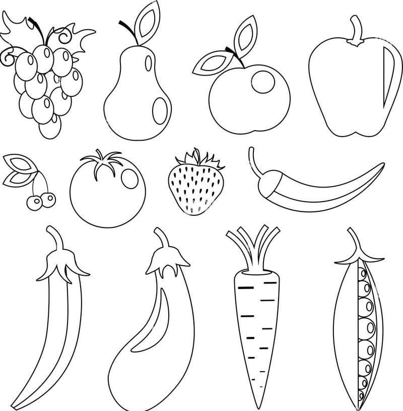 Vaisiai ir daržovės spalvinti piešiniai