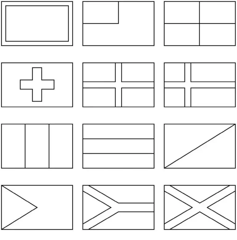 Įvairių geometrinių formų vėliavų tipai piešinys vaikams