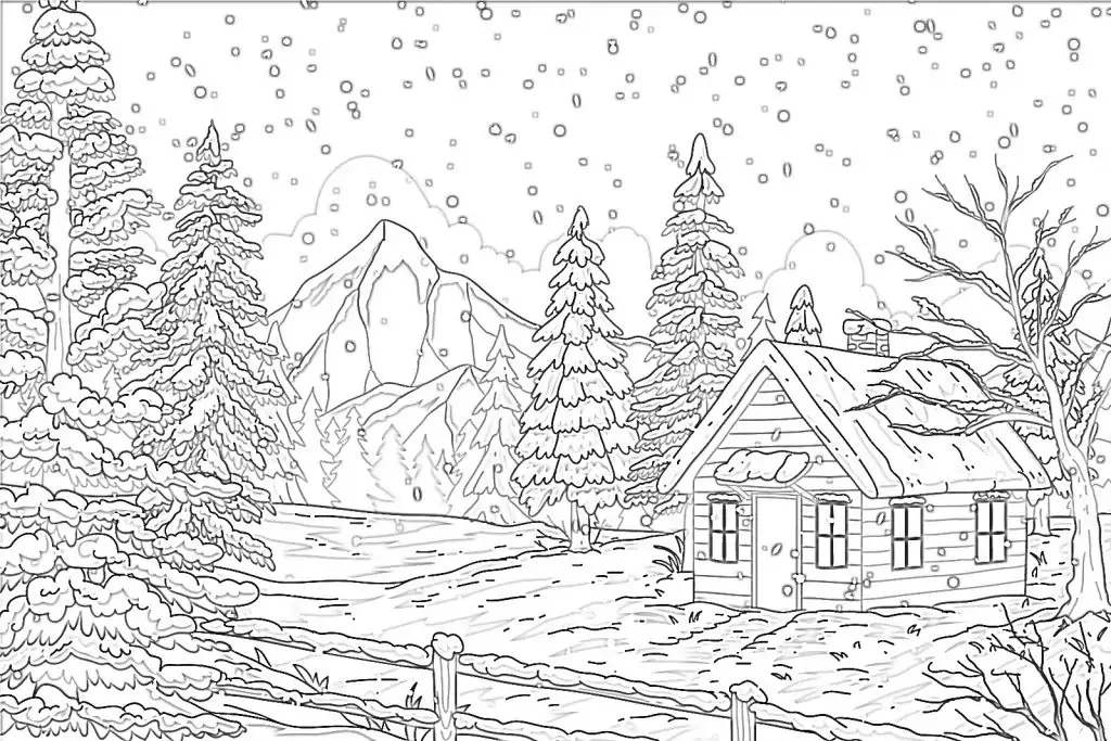 Invierno en el bosque, en el pueblo para colorear y estampar